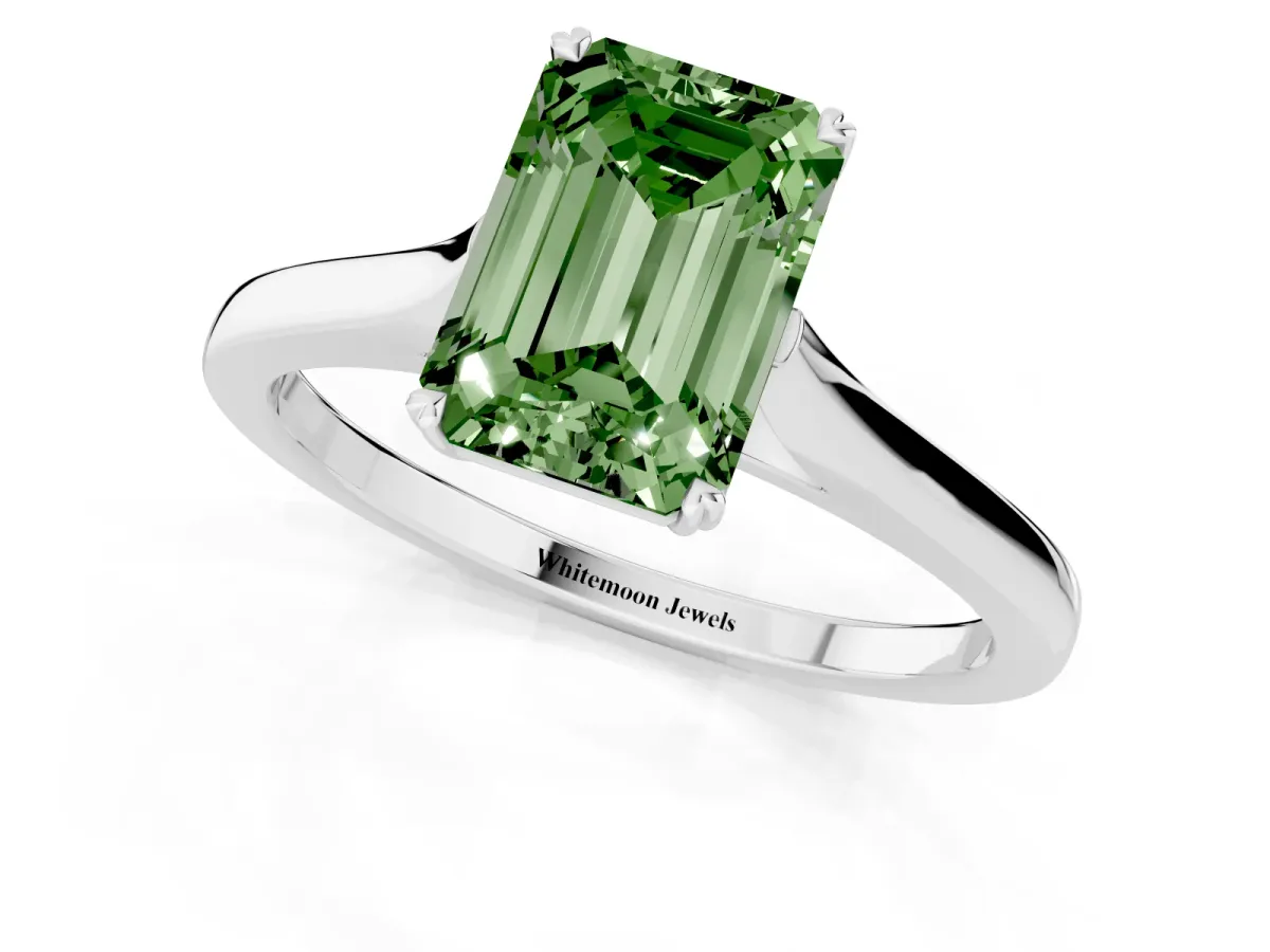 Fancy Green Emerald Cut Solitaire Heart Prong Engagement Ring with Tapered Band White gold