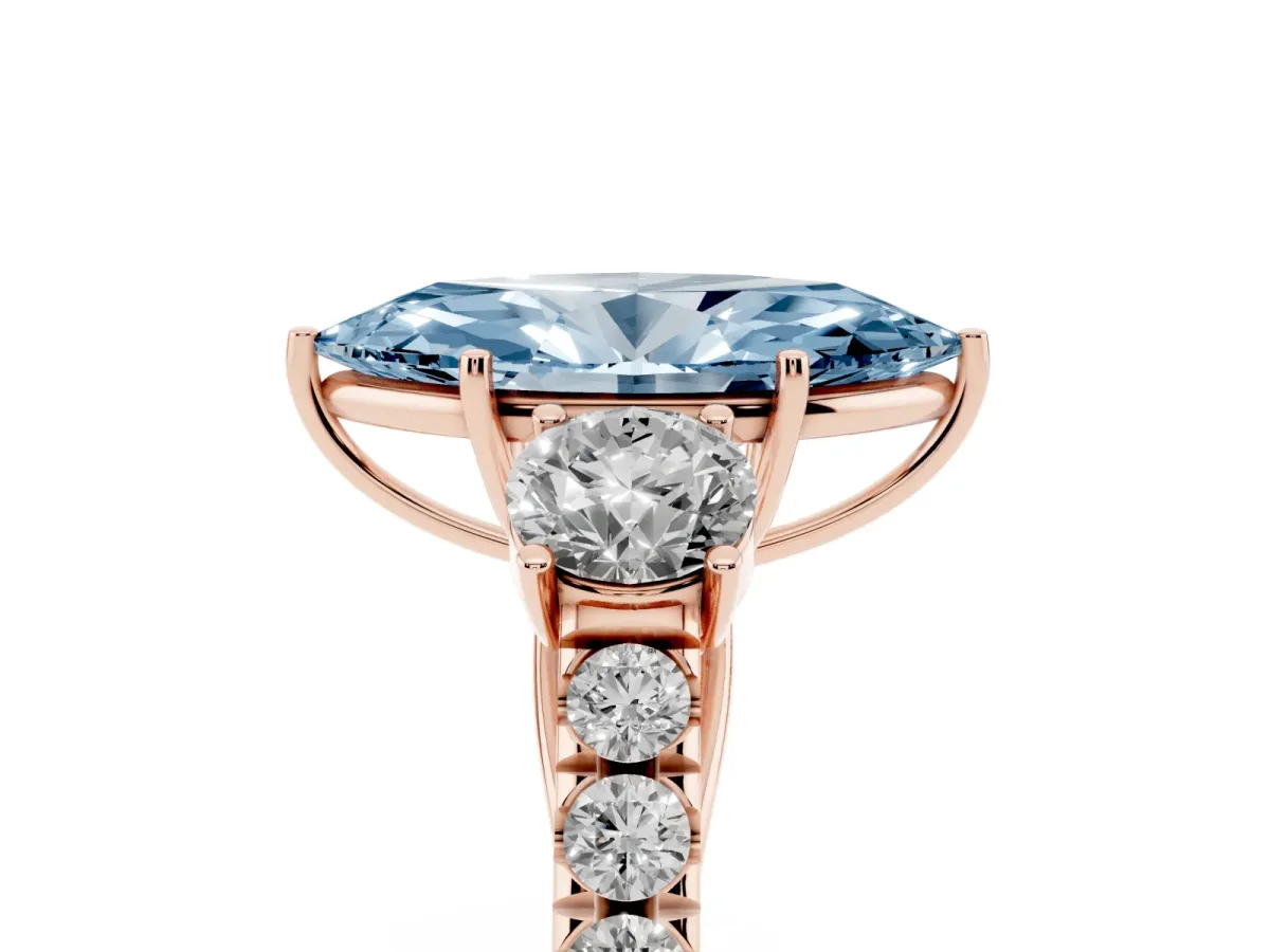 Fancy Blue Marquise Cut Cut Diamond Three-Stone Ring with Round Side Stones and Pavé Band Rose gold