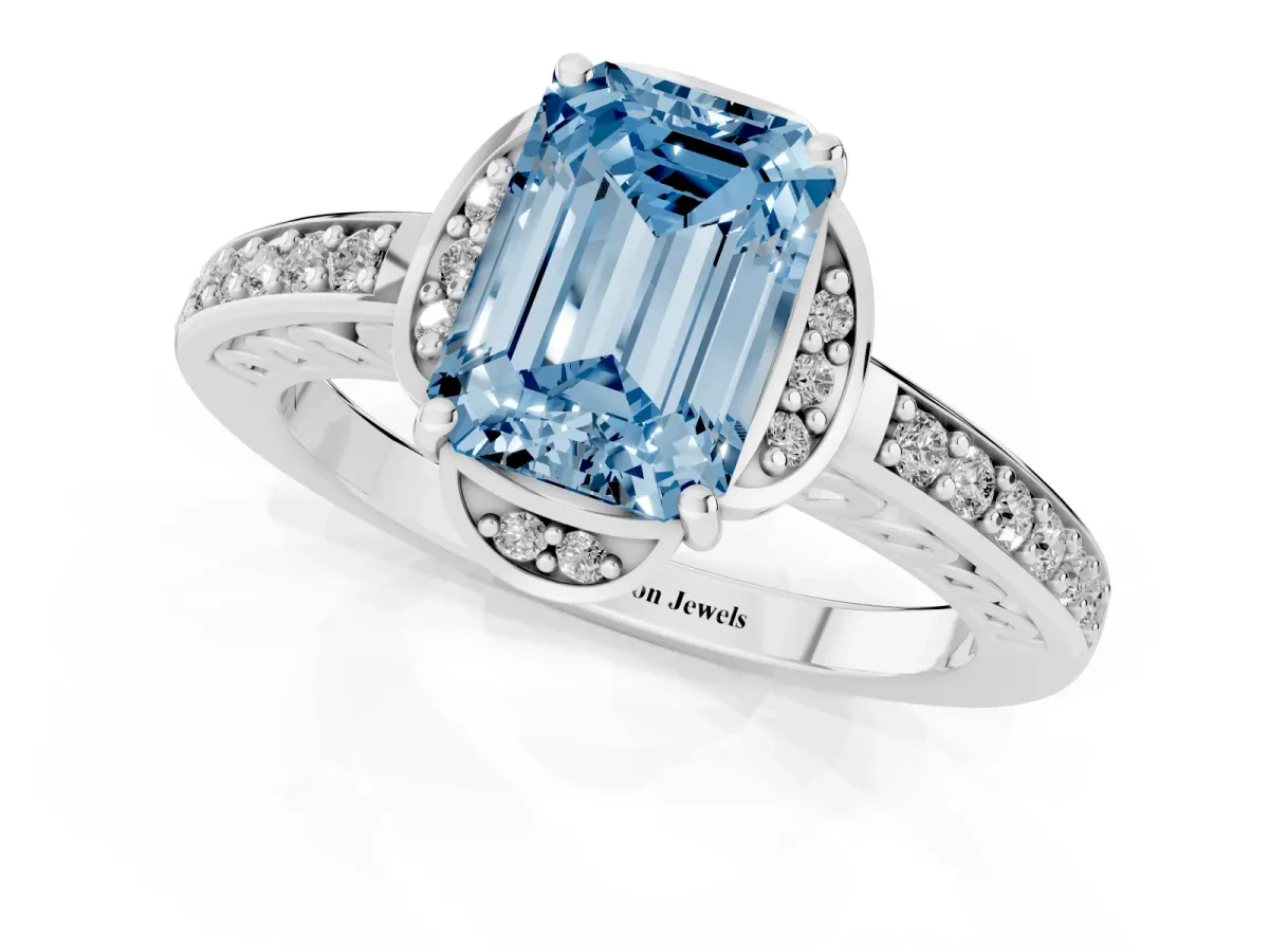 Fancy Blue Emerald Cut Cut Halo Diamond Ring with Channel Set Band and Four-Prong Setting Silver