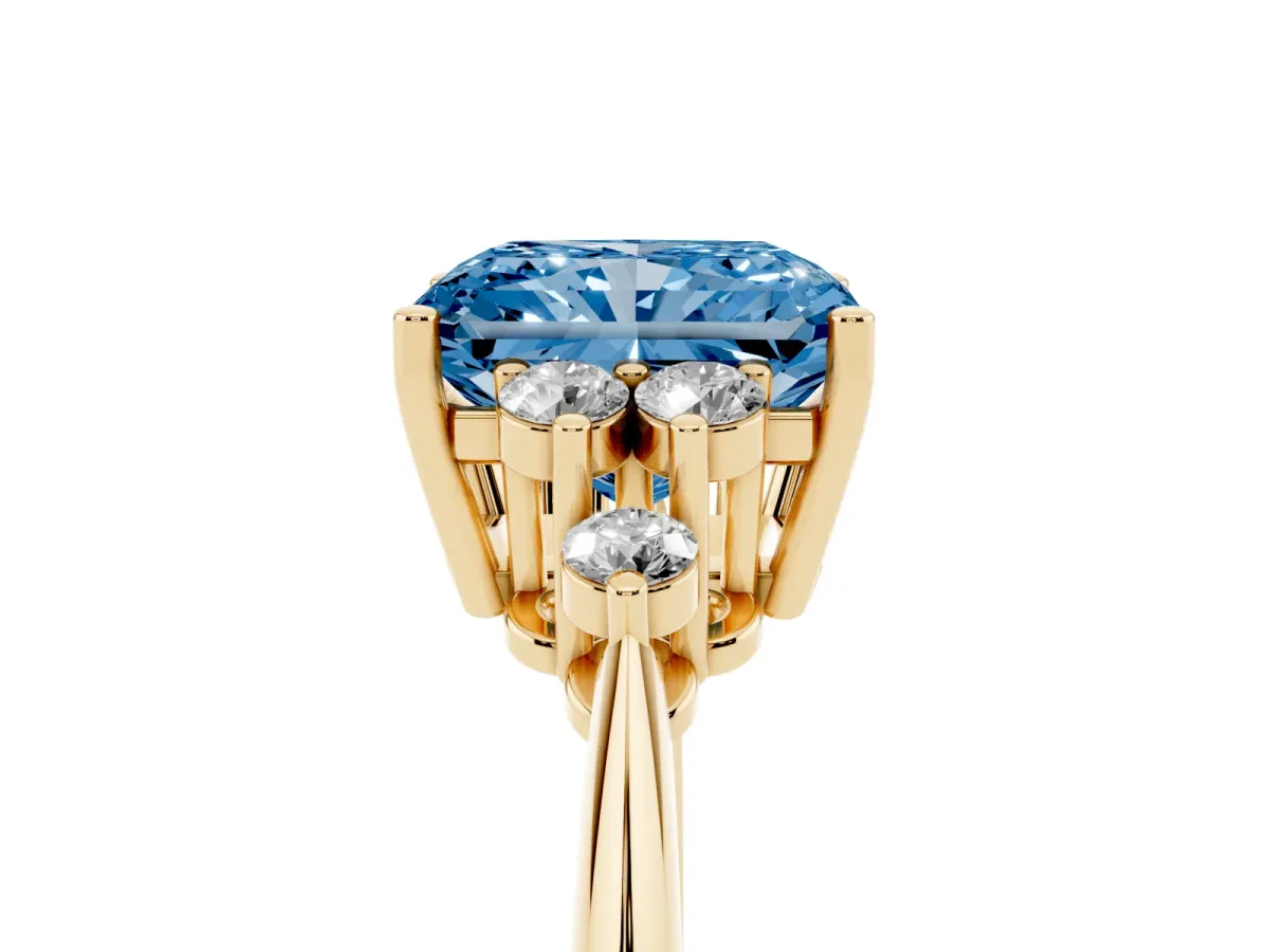 Fancy Blue Radiant Cut Cut Diamond Cluster Ring with Solitaire Band and Four-Prong Setting Yellow gold