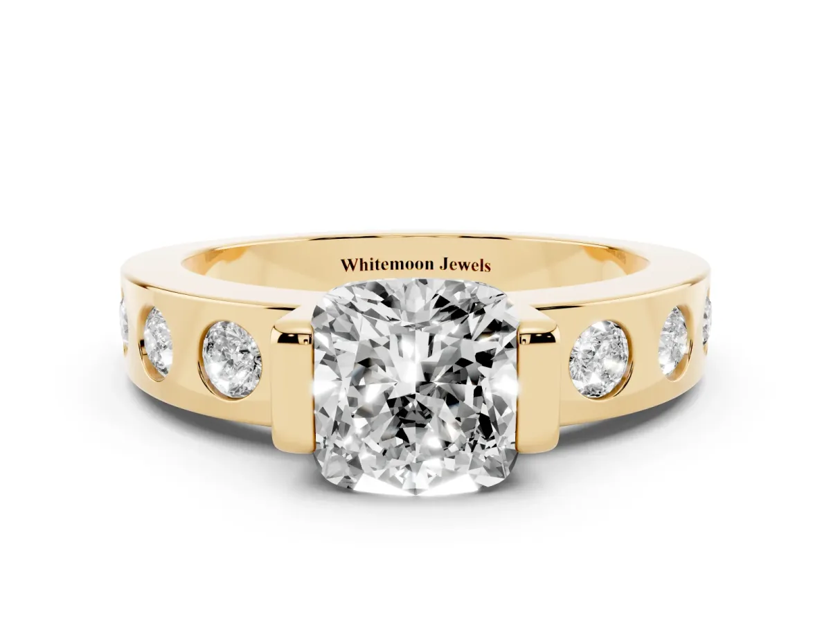 Cushion Cut Brilliant Channel-Set Diamond Ring with Bezel Prong Setting Yellow gold