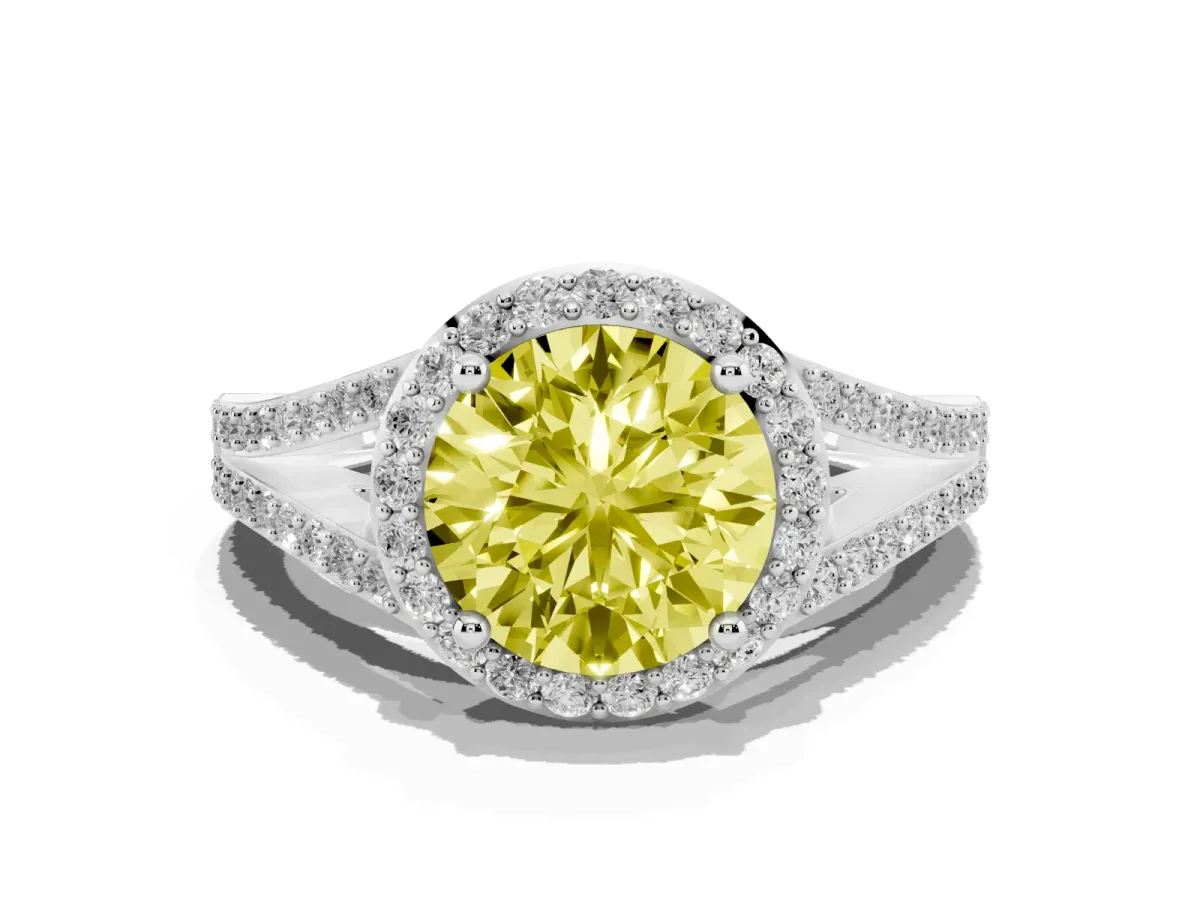 Fancy Yellow Round Cut Halo Split Shank Diamond Ring with Prong Setting Silver