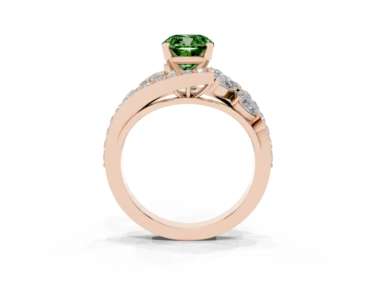 Fancy Green Cushion Cut Diamond Halo Ring with Marquise and Pavé Band in Prong Setting Rose gold