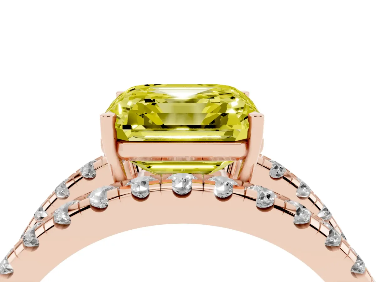 Fancy Yellow Asscher Cut Solitaire Split Shank Pave Diamond Ring Rose gold