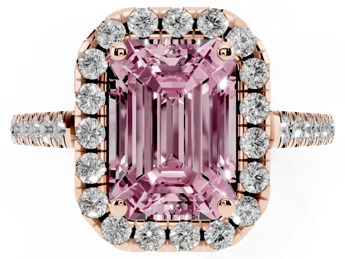 Fancy Pink Emerald Cut Halo Pavé Diamond Engagement Ring with Four-Prong Setting Rose gold