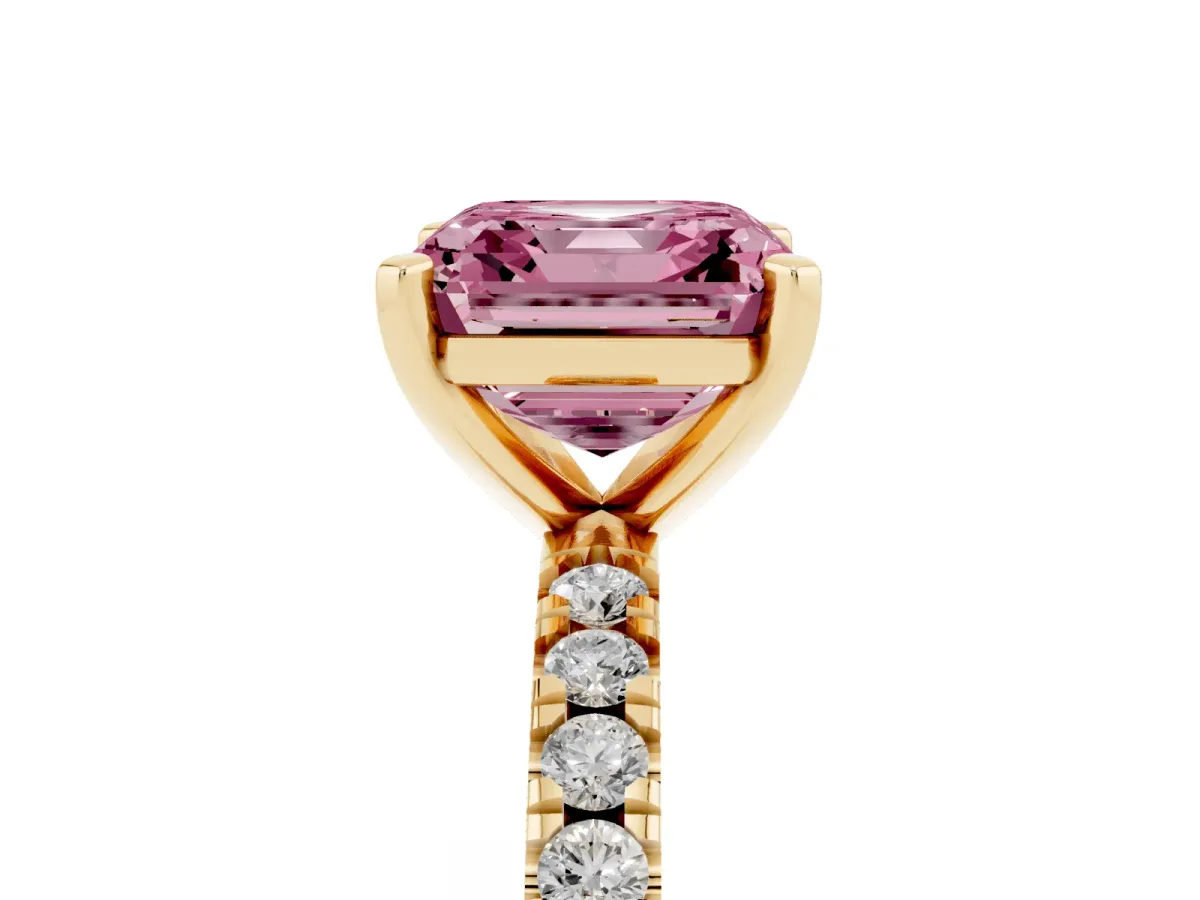 Fancy Pink Asscher Cut Diamond Pavé Band Solitaire with Four-Prong Setting Yellow gold