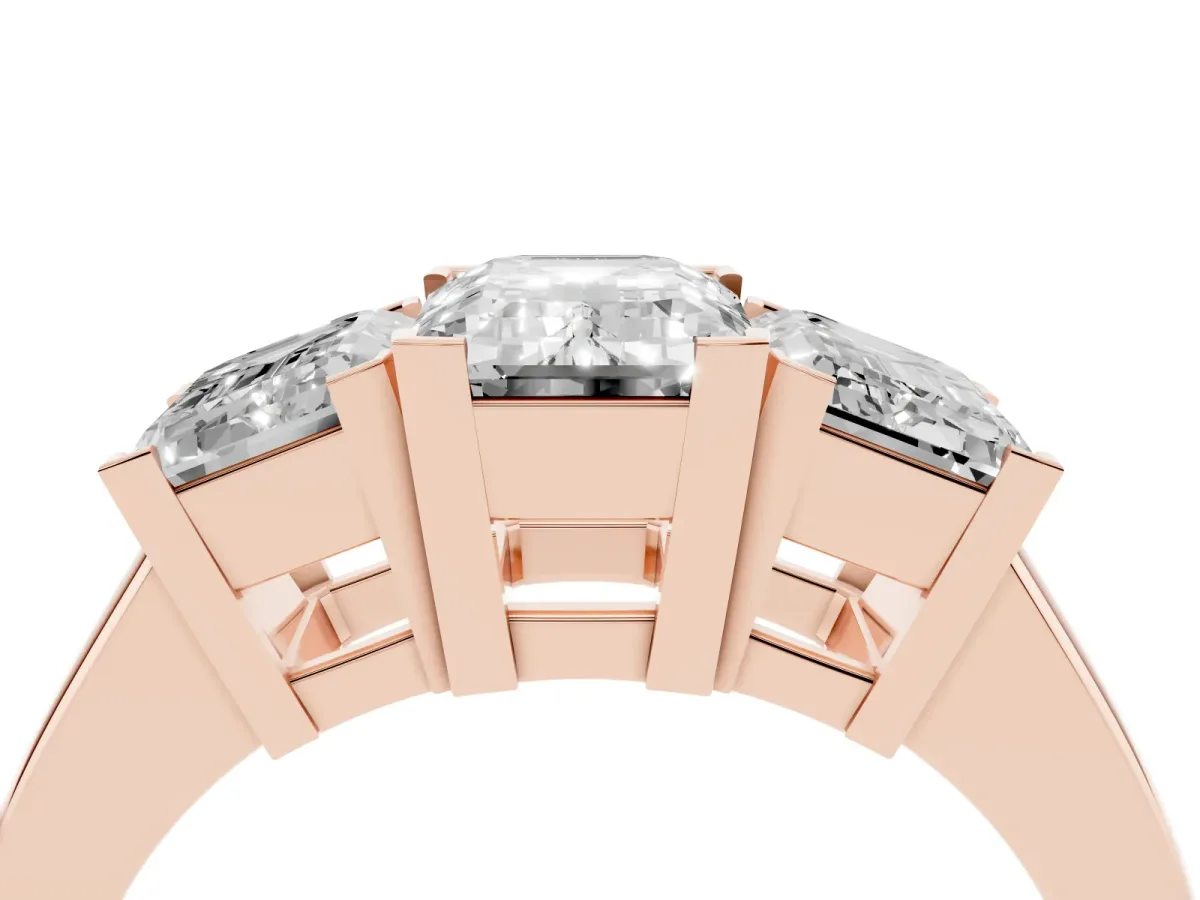 Three-Stone Emerald Cut Cut Diamond Ring with Channel Set Band and Four-Prong Setting Rose gold