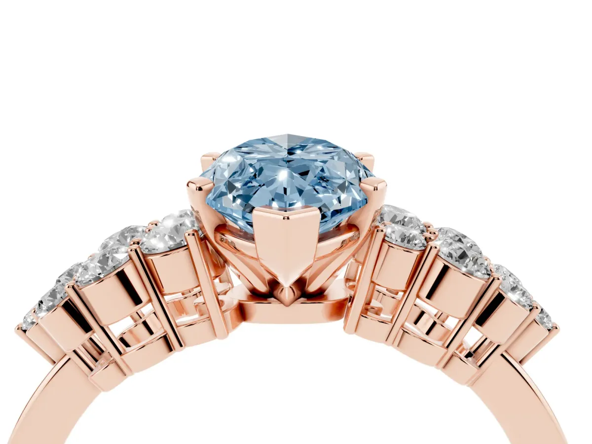 Fancy Blue Marquise Cut Cluster Diamond Engagement Ring with Pavé Band and Four-Prong Setting Rose gold
