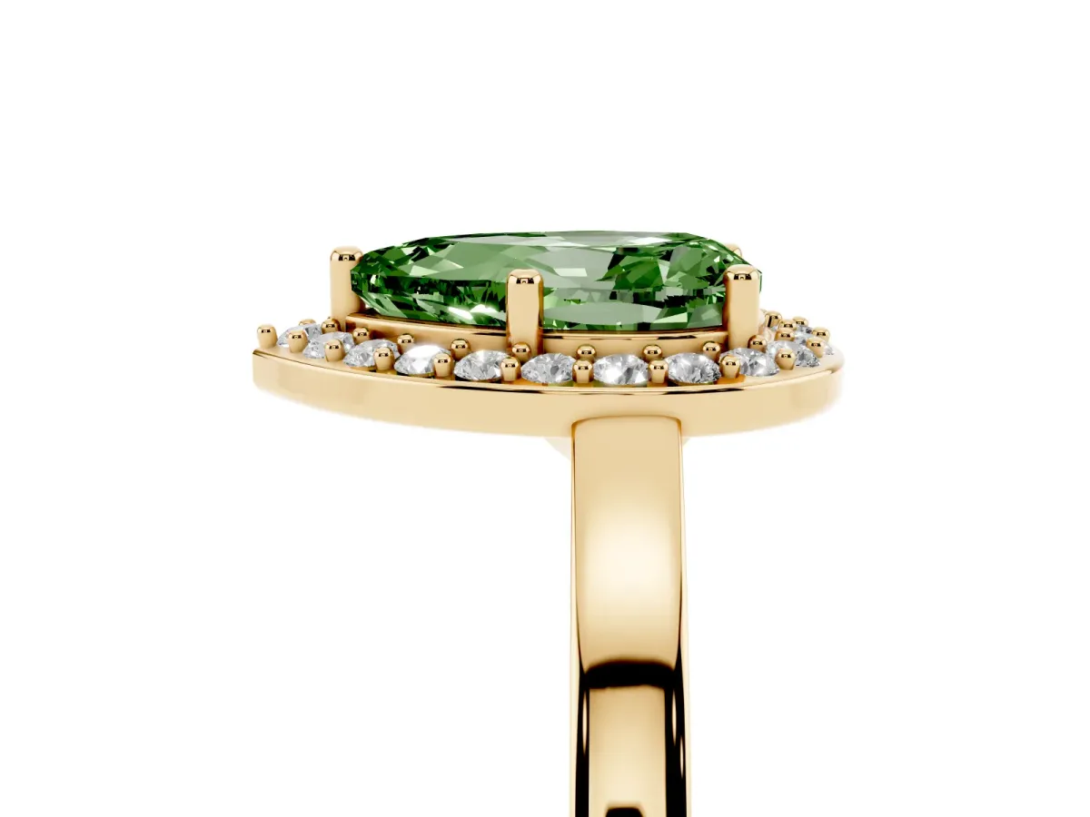 Fancy Green Pear Cut Halo Diamond Ring with Solitaire Band and Prong Setting Yellow gold