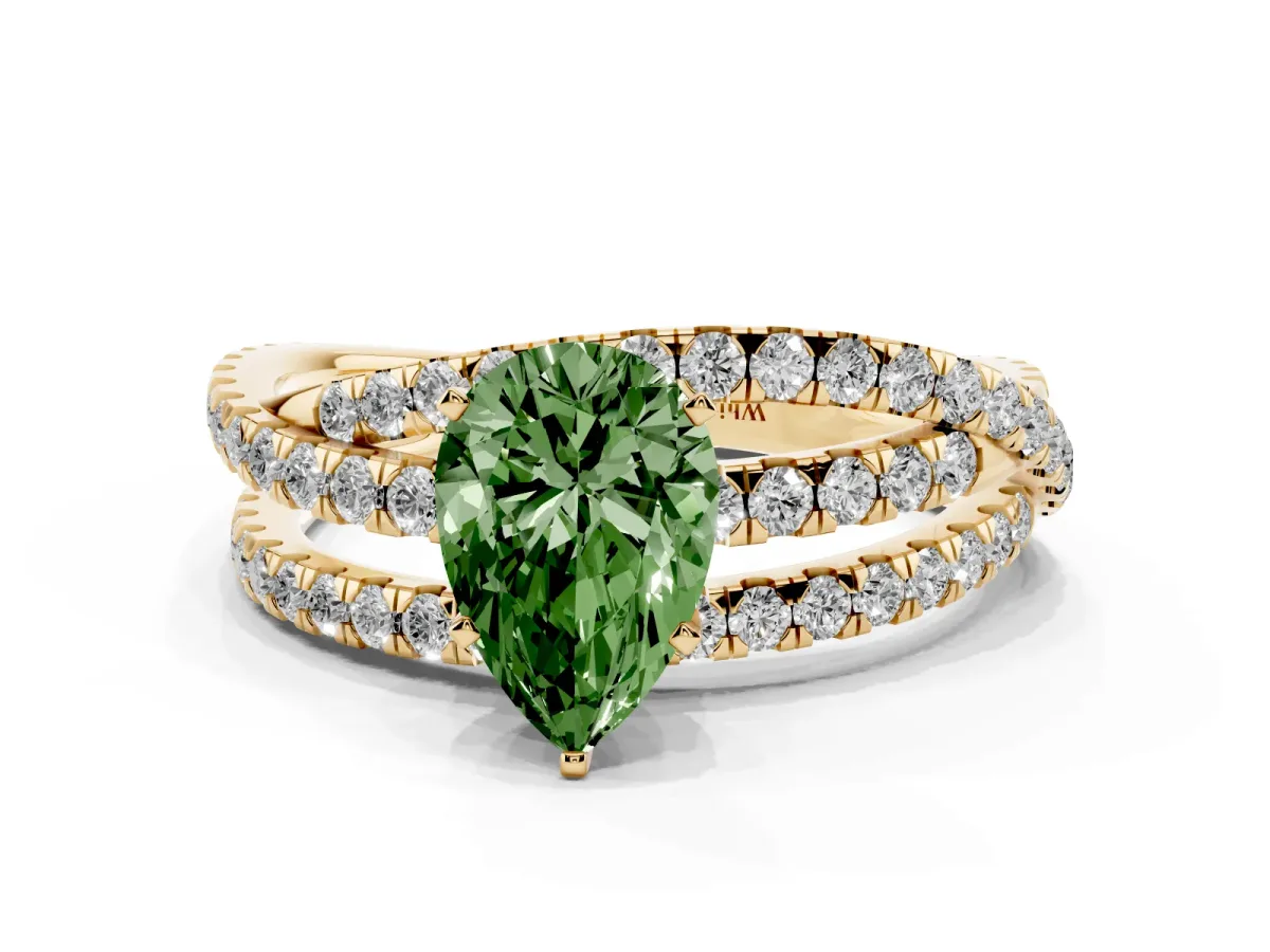 Fancy Green Pear Cut Solitaire Twist Band with Pavé Setting and Four-Prong Setting Yellow gold