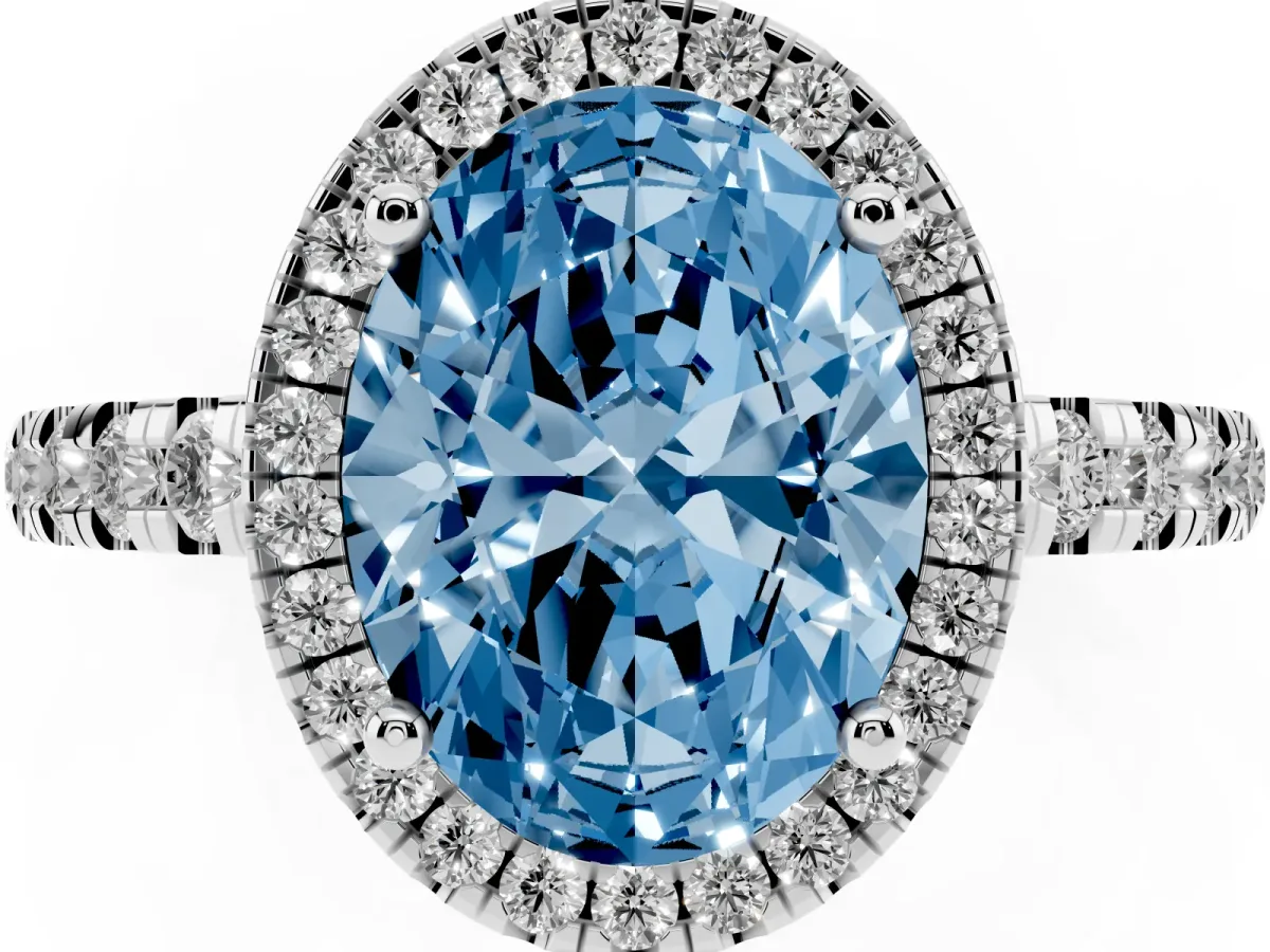 Fancy Blue Oval Cut Diamond Halo Ring with Pavé Band and Four-Prong Setting White gold