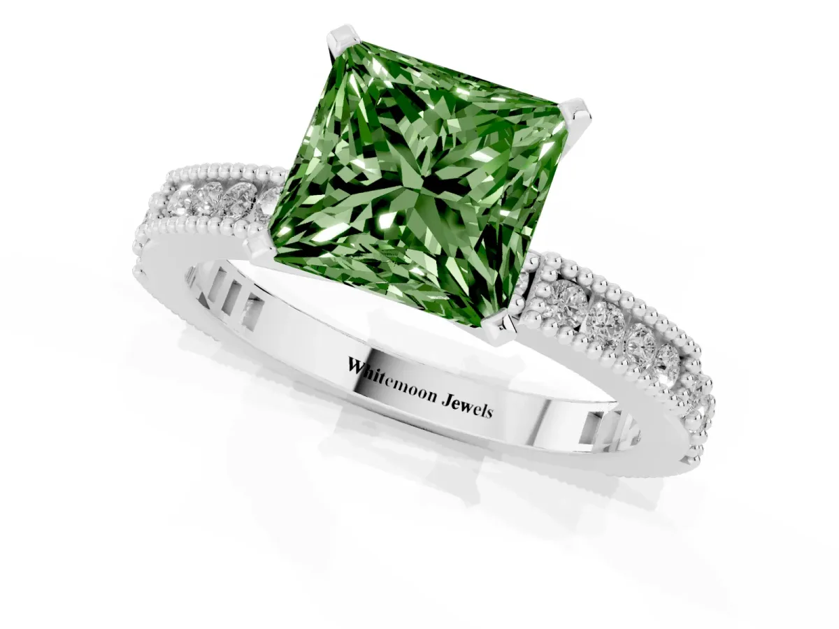 Fancy Green Princess Cut Solitaire with Pavé Band and Four-Prong Setting Silver
