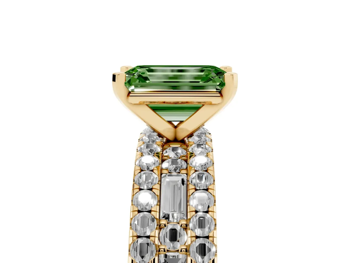Fancy Green Emerald Cut Diamond Solitaire Ring with Pavé and Channel Set Band Yellow gold