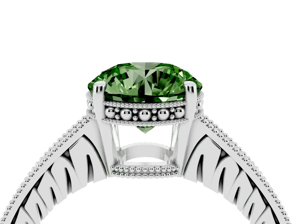 Fancy Green Round Cut Solitaire Pavé Diamond Milgrain Engagement Ring with Four-Prong Setting Silver