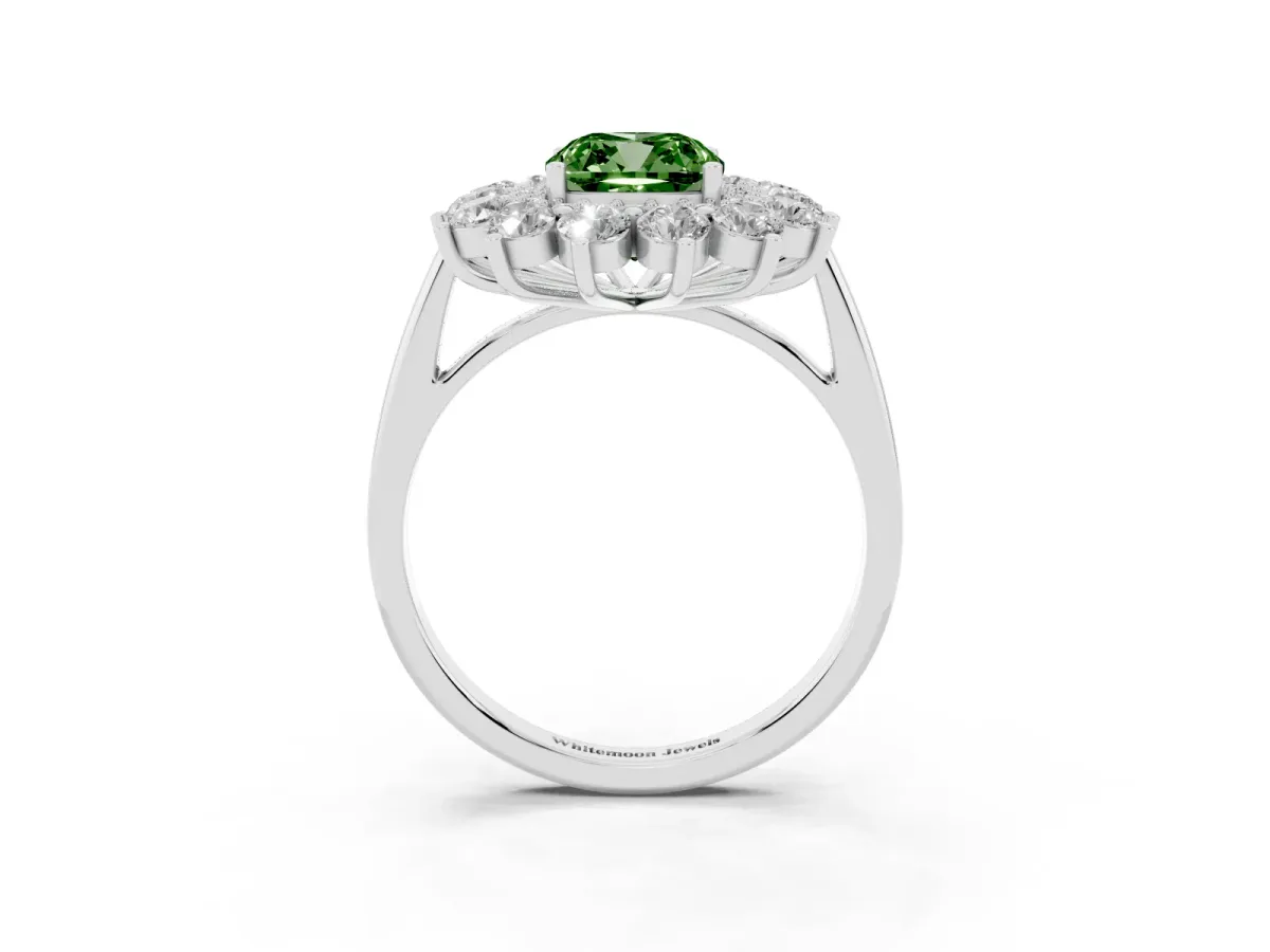 Fancy Green Cushion Cut Diamond Floral Double Halo Engagement Ring with Prong Setting Platinum