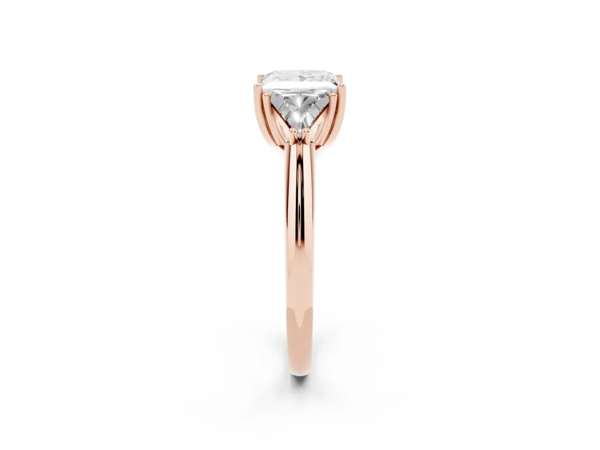 Three-Stone Princess Cut Diamond Engagement Ring with Trillion Side Stones and Prong Setting Rose gold