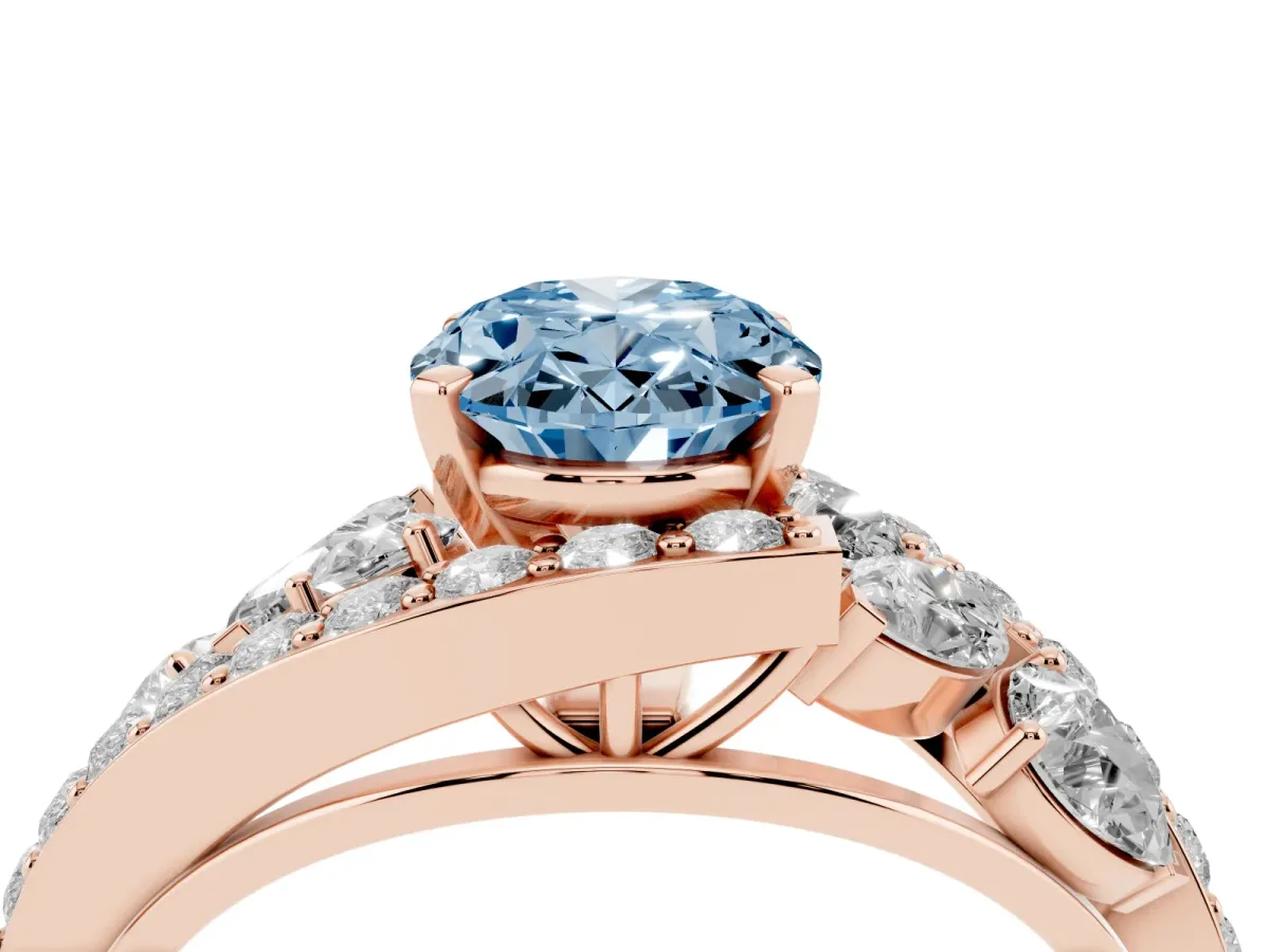 Fancy Blue Oval Cut Diamond Halo Ring with Marquise and Pavé Band in Prong Setting Rose gold