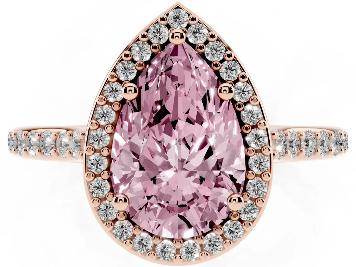 Fancy Pink Pear Cut Diamond Halo Engagement Ring with Round Pavé Shoulders and Prong Setting Rose gold