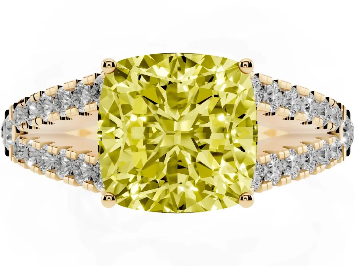 Fancy Yellow Cushion Cut Diamond Split Shank Engagement Ring with Round Pavé and Prong Setting Yellow gold