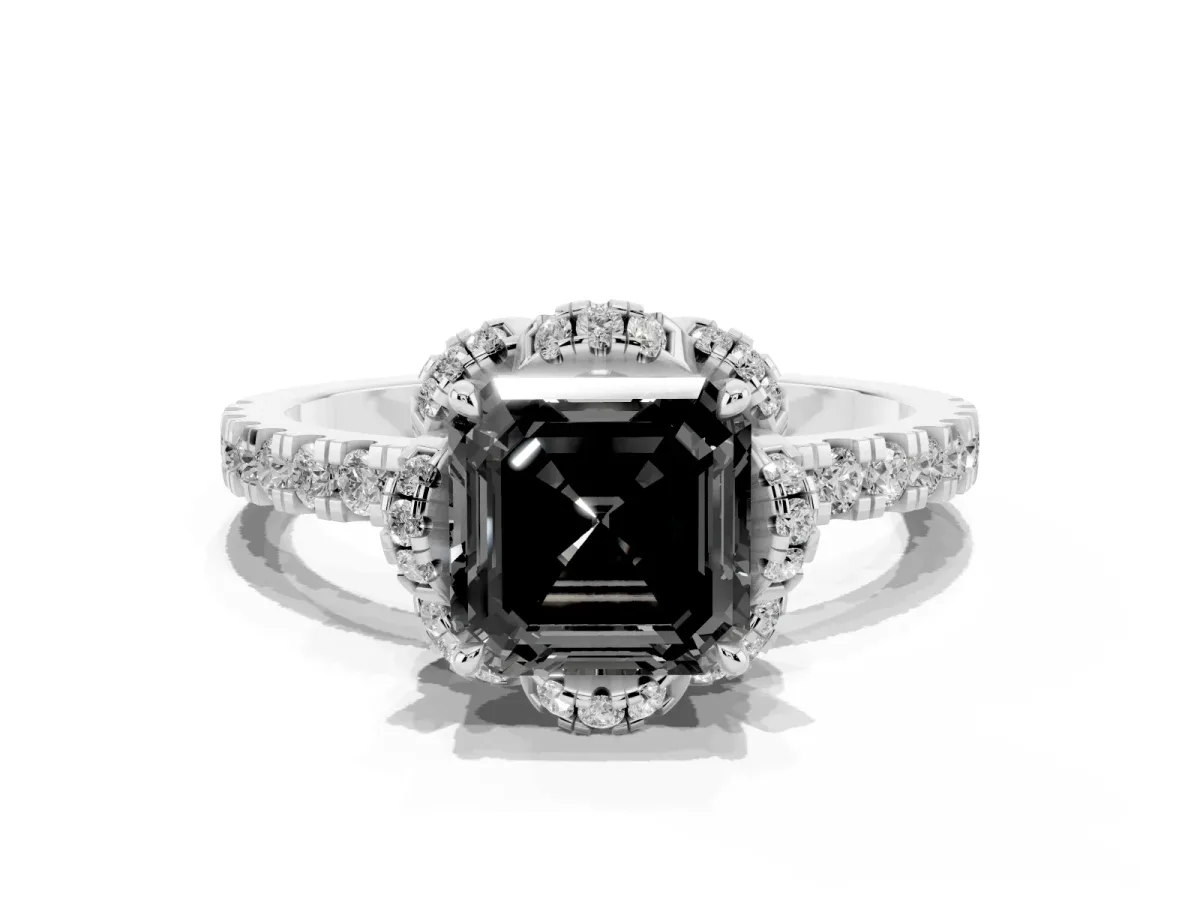 Fancy Black Asscher Cut Diamond Halo Pave Band with Four-Prong Setting Silver
