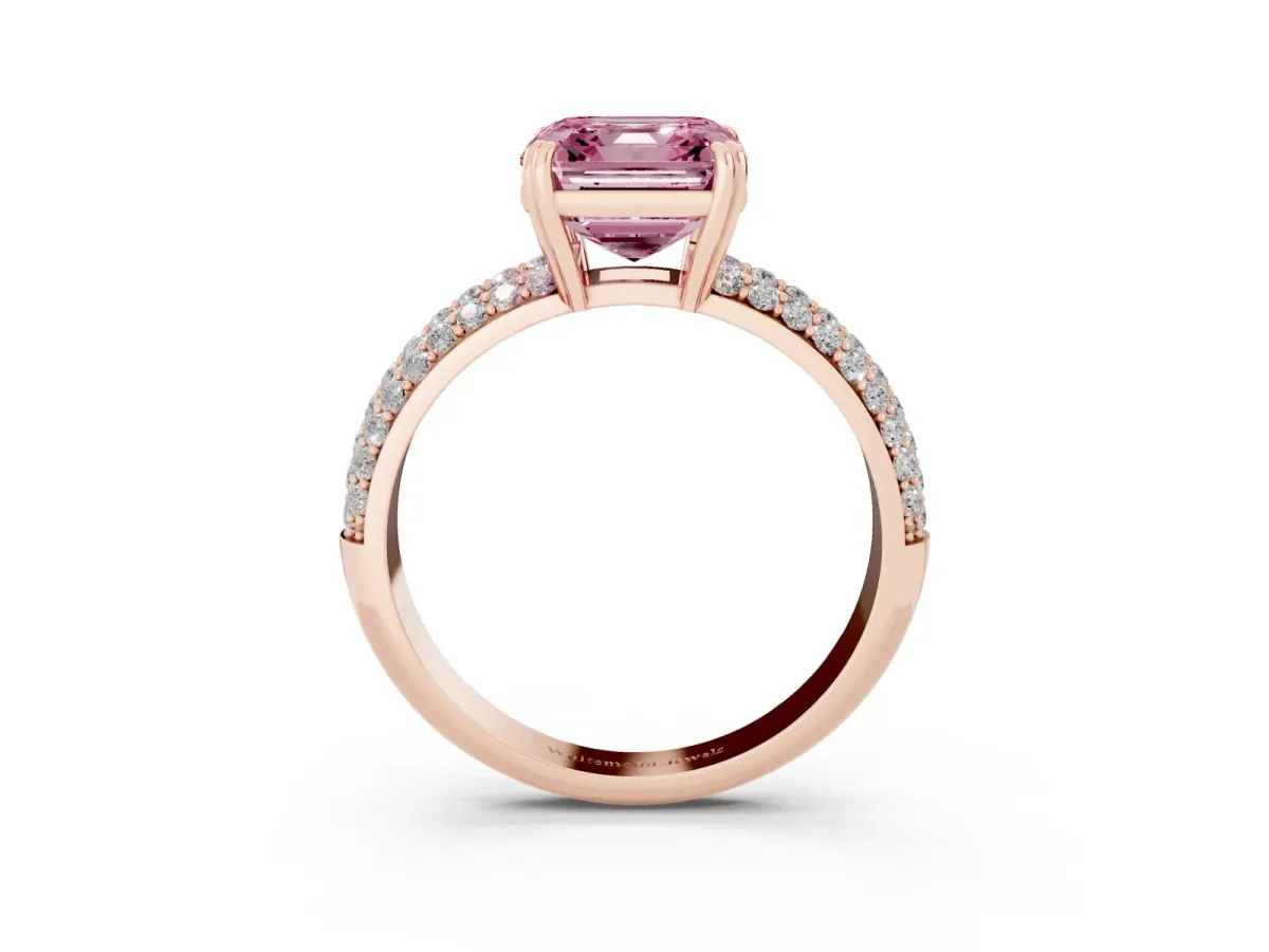 Fancy Pink Asscher Cut Diamond Solitaire Ring with Multi-Row Round Pavé Band and Prong Setting Rose gold