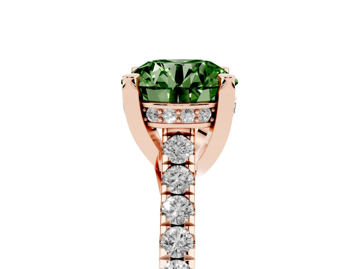 Fancy Green Round Cut Brilliant Diamond Solitaire with Pavé Band and Four-Prong Setting Rose gold