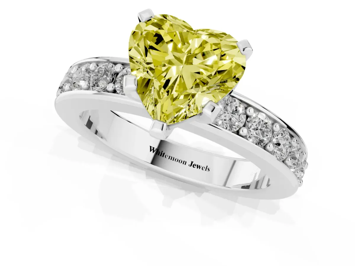 Fancy Yellow Heart Cut Diamond Engagement Ring with Channel Set Round Band and Prong Setting Silver