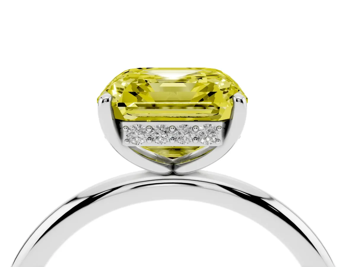 Fancy Yellow Asscher Cut Solitaire Diamond Ring with a Classic Band and Four-Prong Setting Silver