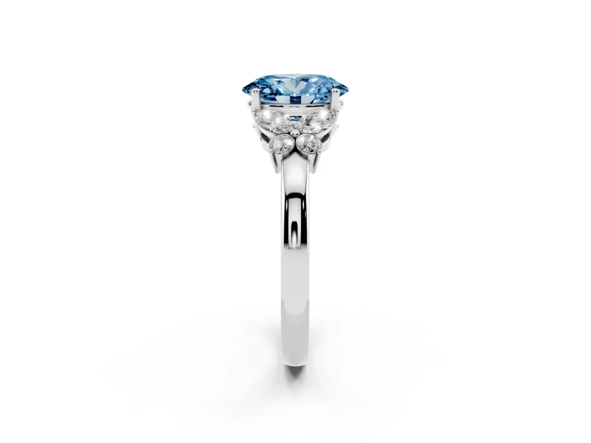 Fancy Blue Oval Cut Cut Solitaire Floral Diamond Ring with Four-Prong Setting Silver