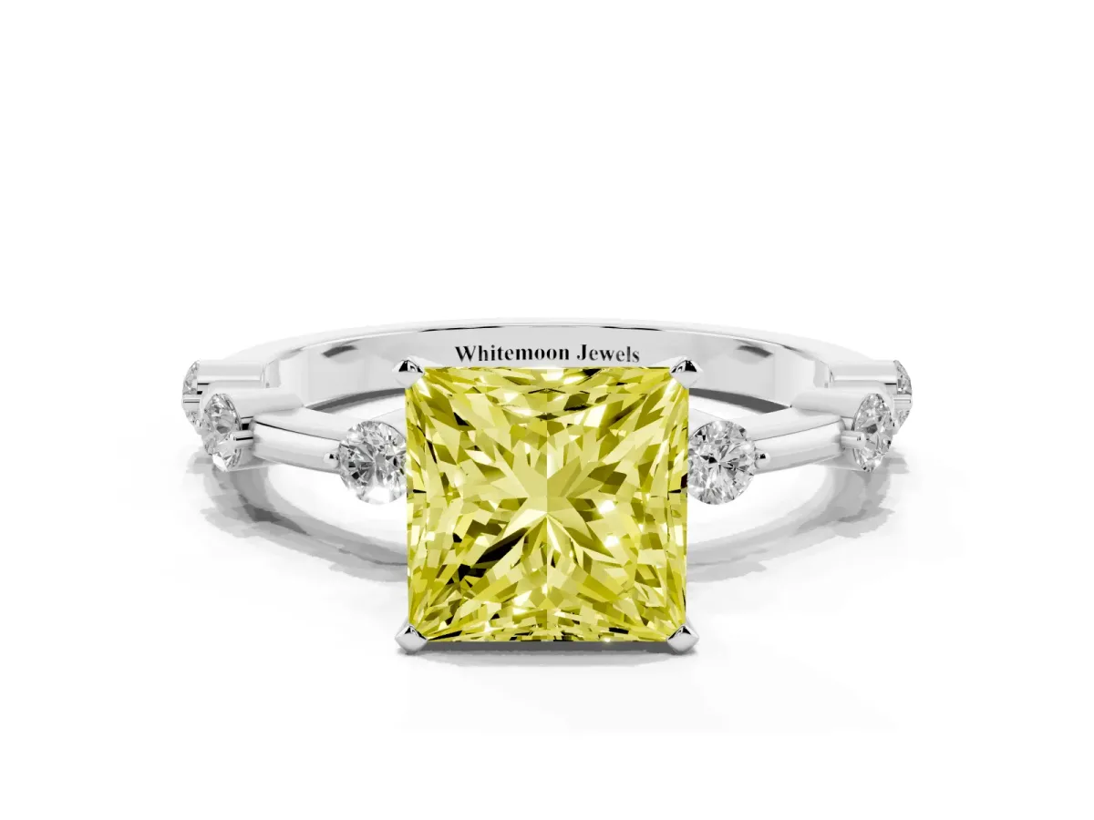 Fancy Yellow Princess Cut Solitaire Diamond Ring with Bezel Set Side Stones and Prong Setting Silver