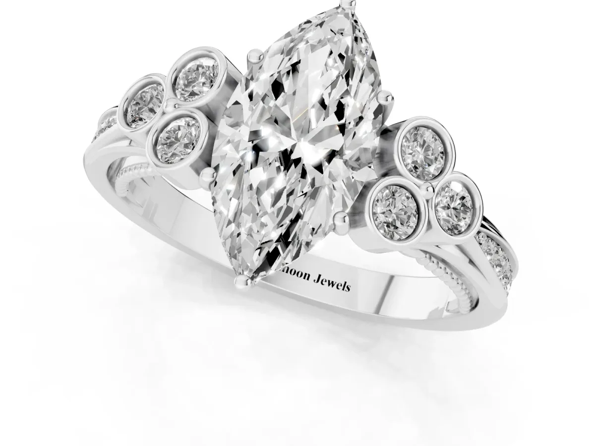 Marquise Cut Cut Diamond Engagement Ring with Bezel Set Round Side Stones and Prong Setting Silver