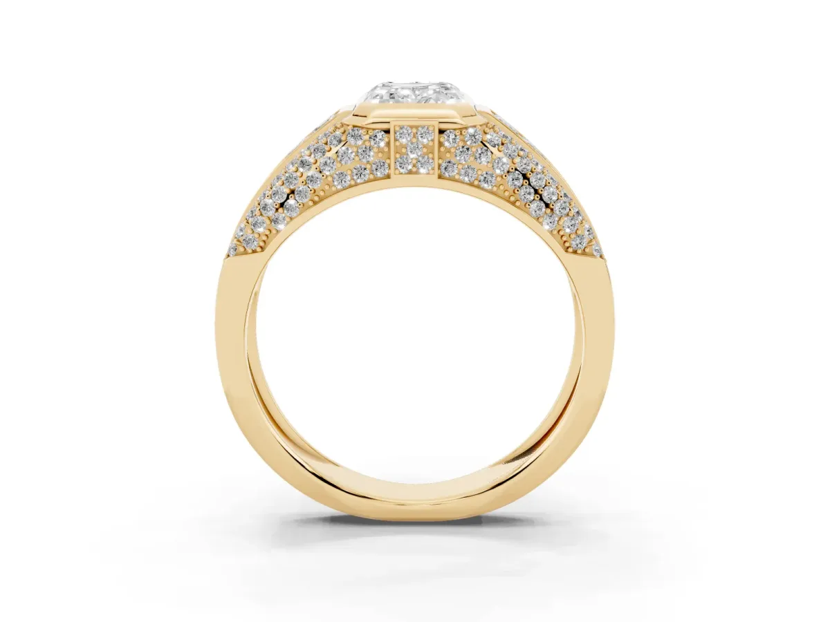 Emerald Cut Diamond Mens Ring with Side Stones Yellow gold