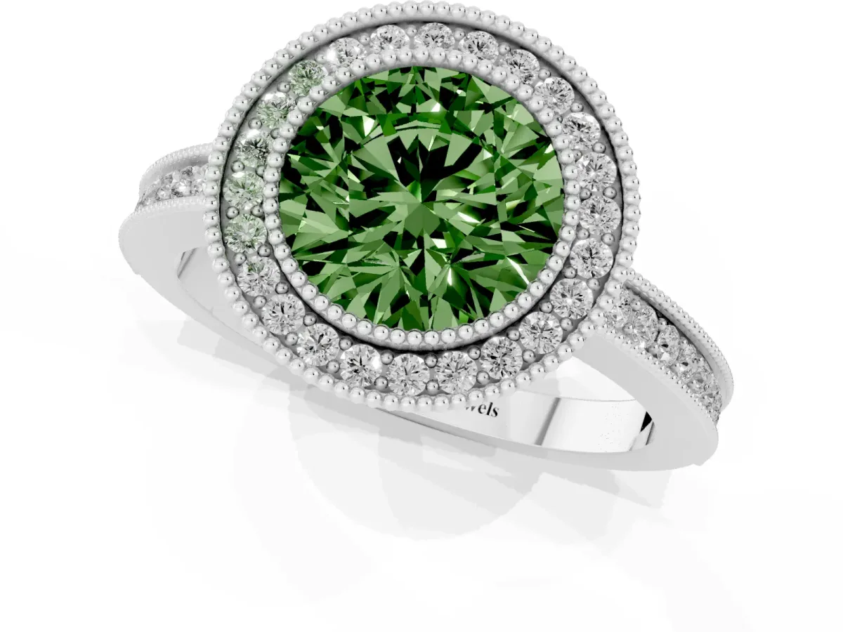 Fancy Green Round Cut Cut Halo Diamond Ring with Pavé Band and Milgrain Prong Setting White gold