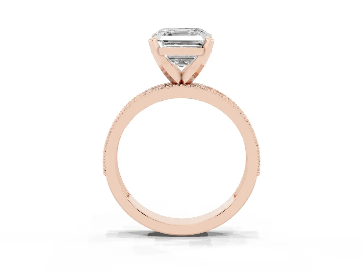 Asscher Cut Diamond Milgrain Pavé Engagement Ring with Four-Prong Setting Rose gold