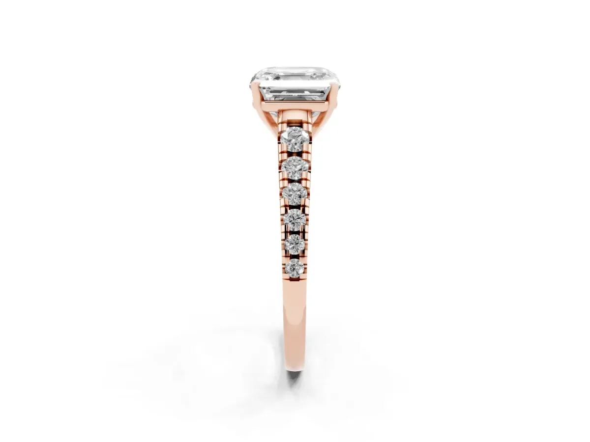 Asscher Cut Diamond Cathedral Solitaire Ring with Round Pavé Band Rose gold