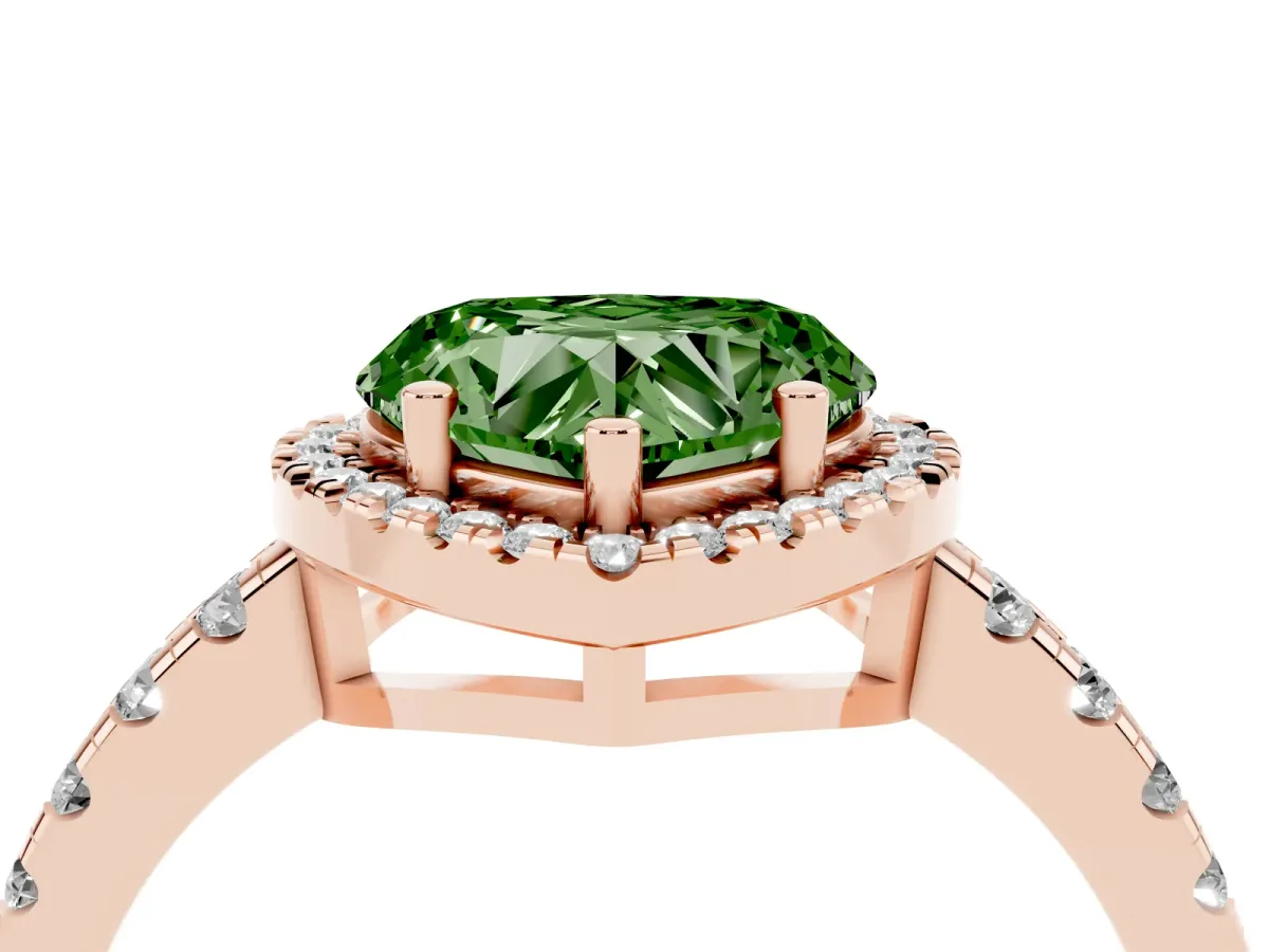 Fancy Green Heart Cut Diamond Halo Ring with Pavé Band and Four-Prong Setting Rose gold