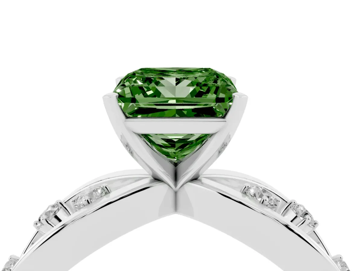 Fancy Green Princess Cut Cut Solitaire Diamond with Side Stones on Criss-Cross Band and Four-Prong Setting Silver