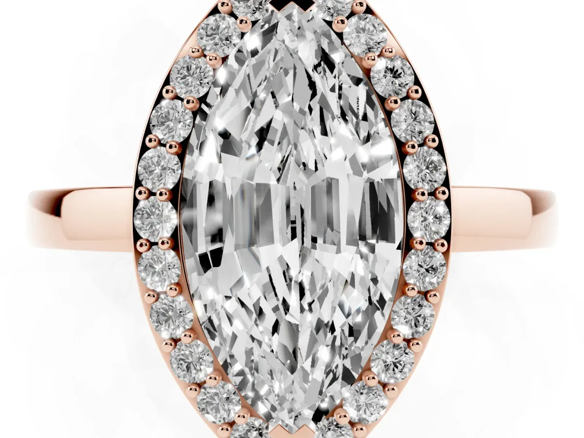 Marquise Cut Halo Diamond Ring with Solitaire Band and Prong Setting Rose gold