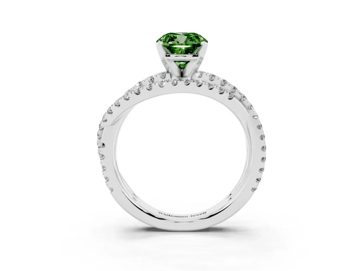 Fancy Green Cushion Cut Solitaire Twist Band with Pavé Setting and Four-Prong Setting Silver