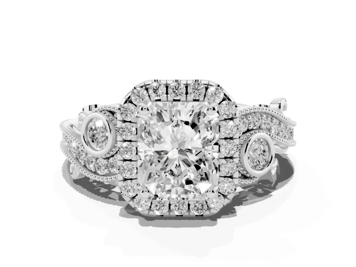 Radiant Cut Halo Diamond Ring with Milgrain and Bezel Accents on a Split Shank Band Platinum