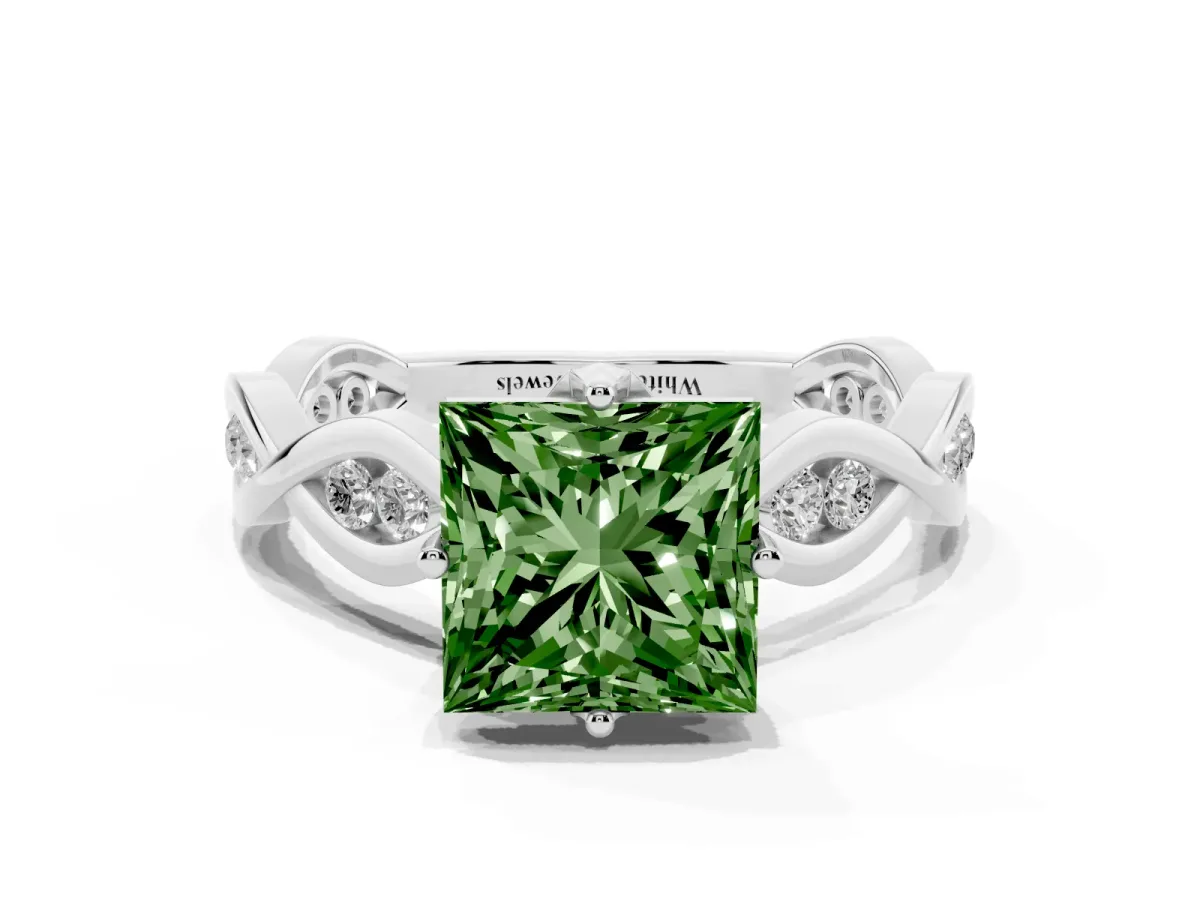 Fancy Green Princess Cut Solitaire Twist Band with Leaf Prong Setting Silver