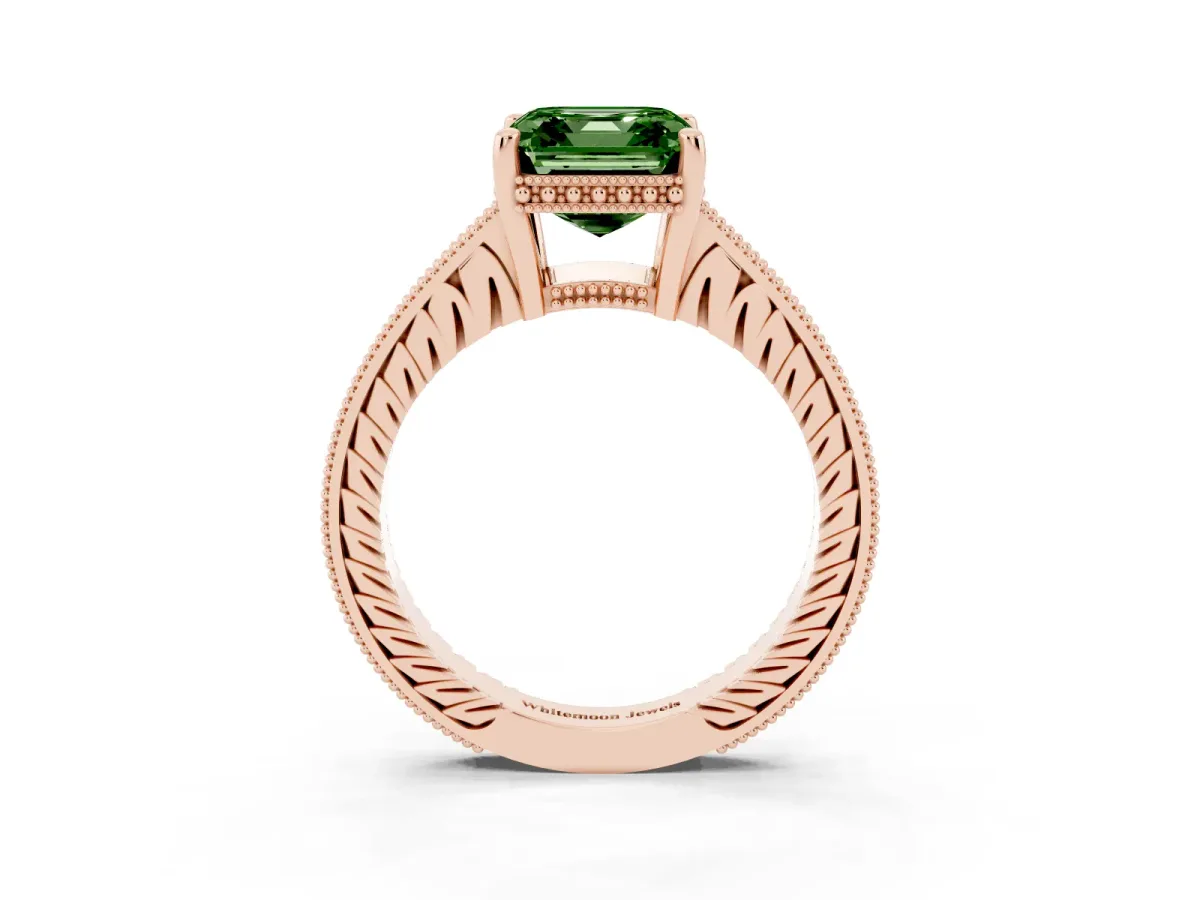 Fancy Green Asscher Cut Solitaire Pavé Diamond Milgrain Engagement Ring with Four-Prong Setting Rose gold
