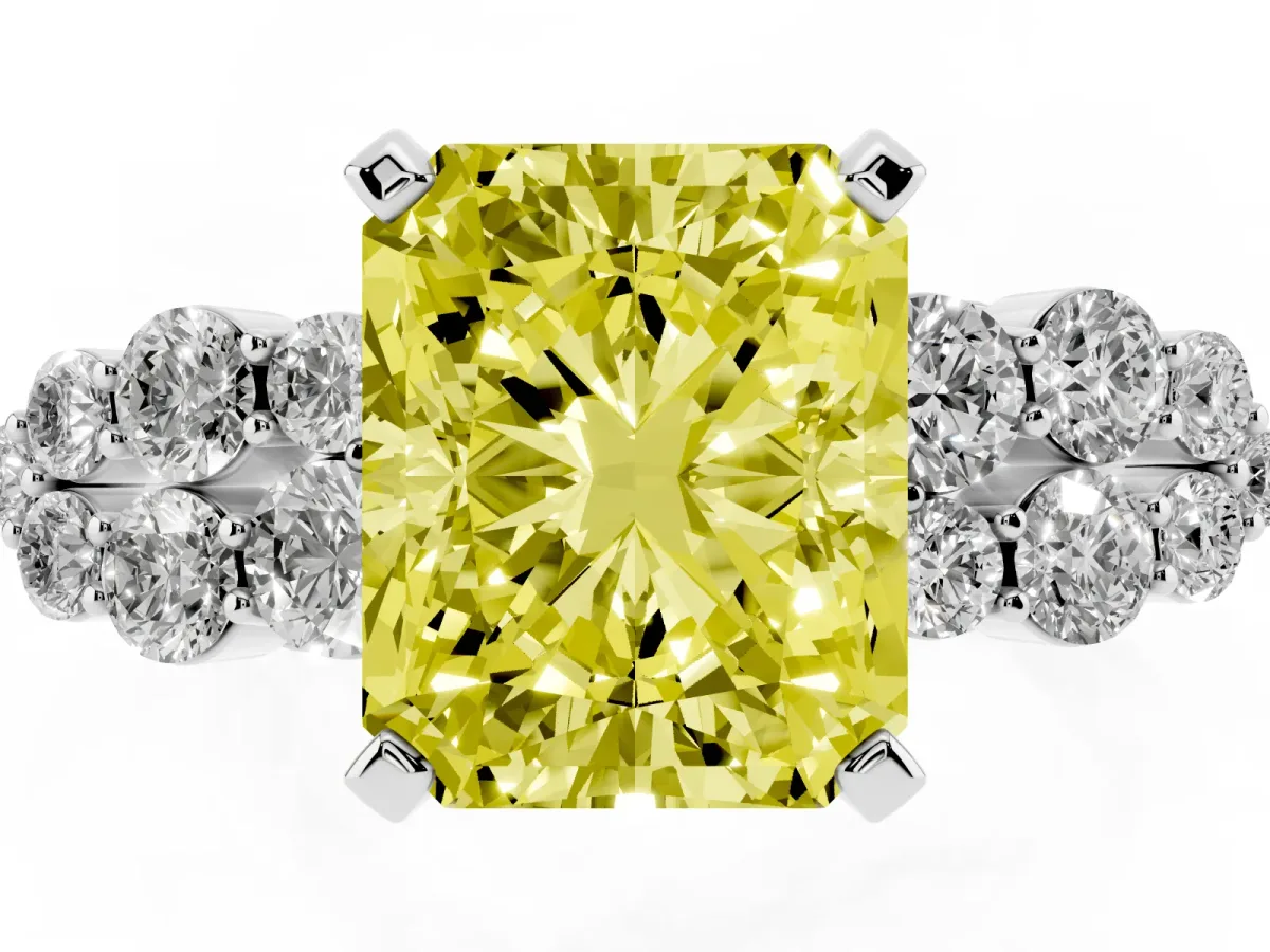 Fancy Yellow Radiant Cut Cluster Diamond Engagement Ring with Pavé Band and Four-Prong Setting White gold