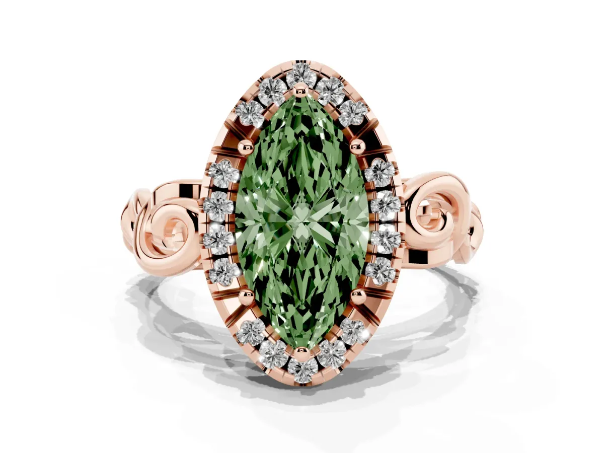 Fancy Green Marquise Cut Cut Halo Diamond Ring with Scrollwork Band and Four-Prong Setting Rose gold