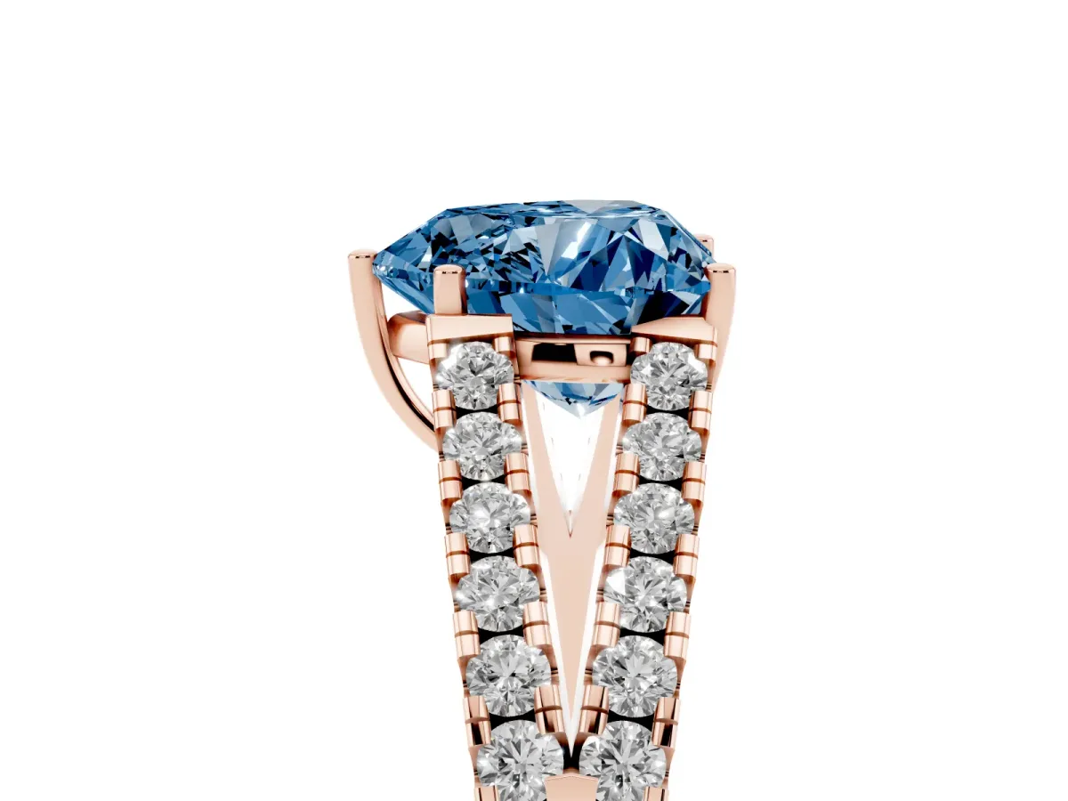 Fancy Blue Heart Cut Diamond Split Shank Pavé Engagement Ring with Four-Prong Setting Rose gold