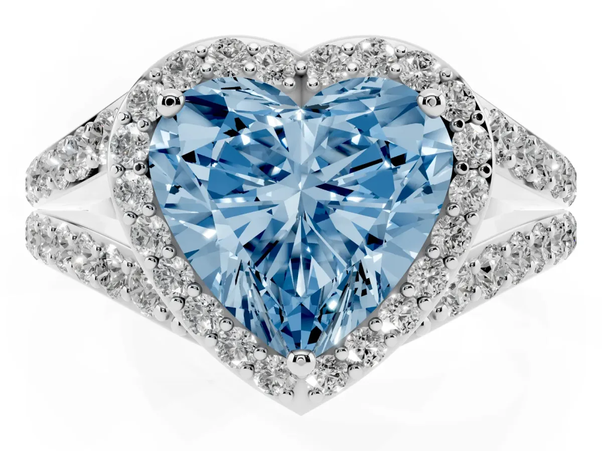 Fancy Blue Heart Cut Diamond Split Shank Halo Ring with Four-Prong Setting White gold