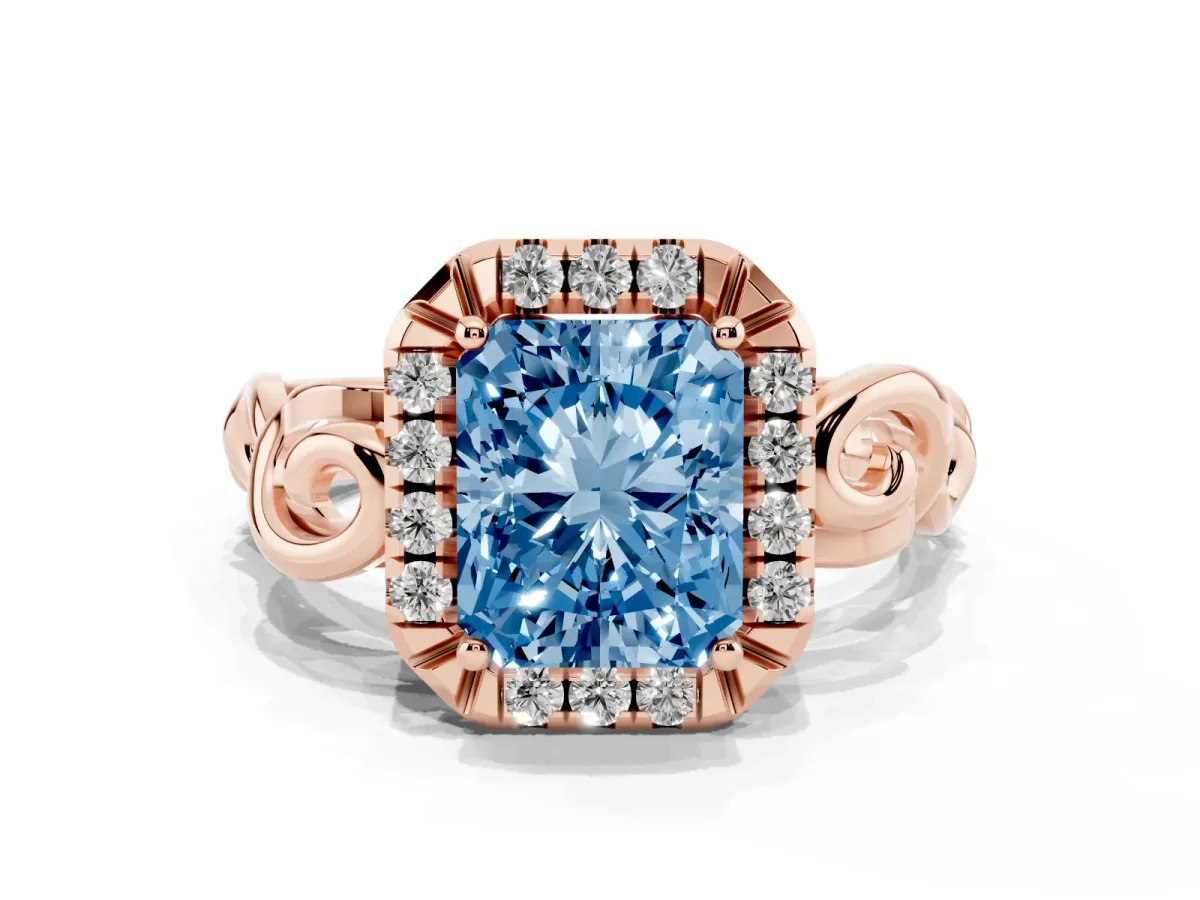 Fancy Blue Radiant Cut Cut Halo Diamond Ring with Scrollwork Band and Four-Prong Setting Rose gold