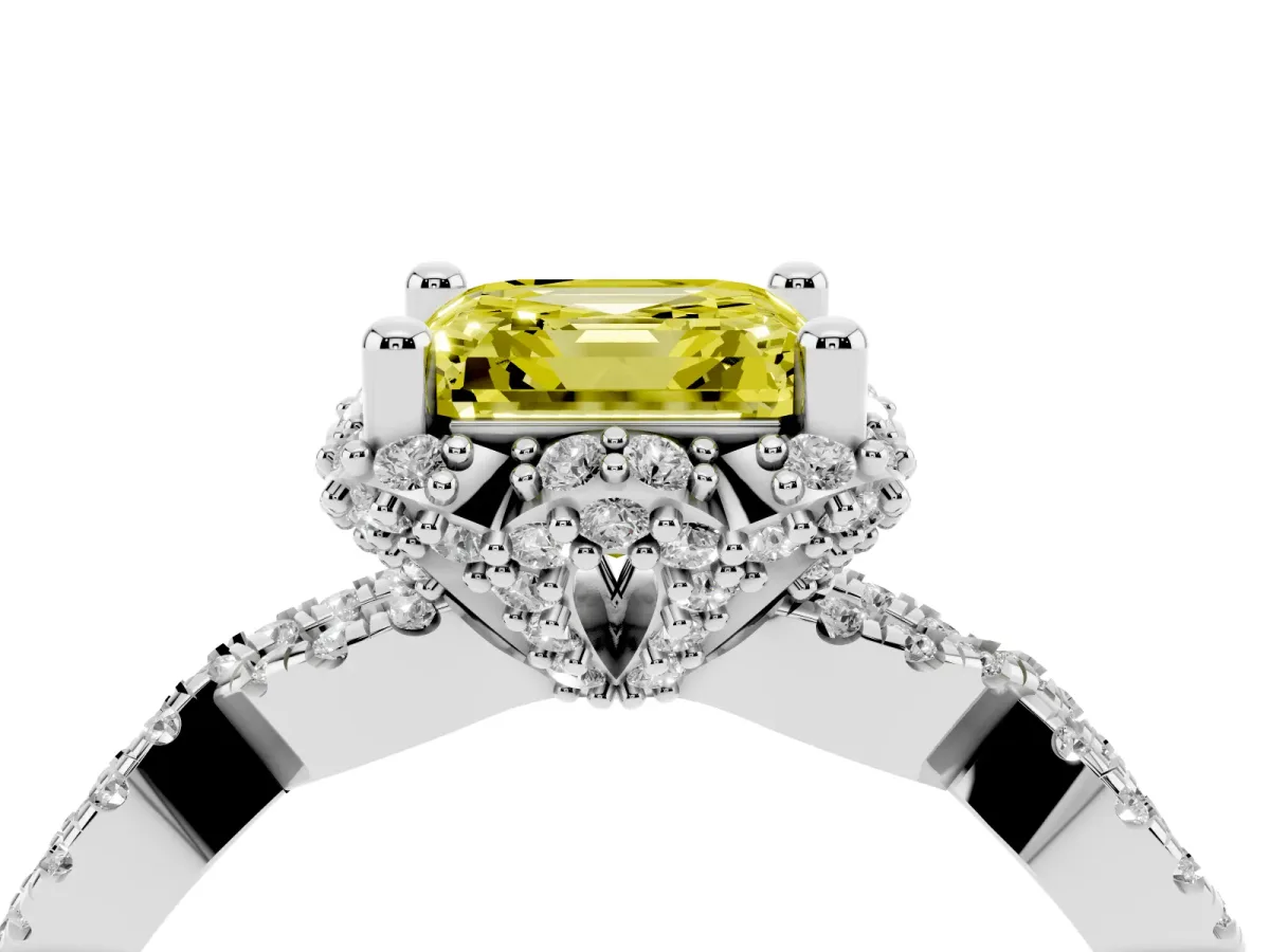 Fancy Yellow Asscher Cut Halo Twist Band Solitaire Ring with Six-Prong Setting Silver