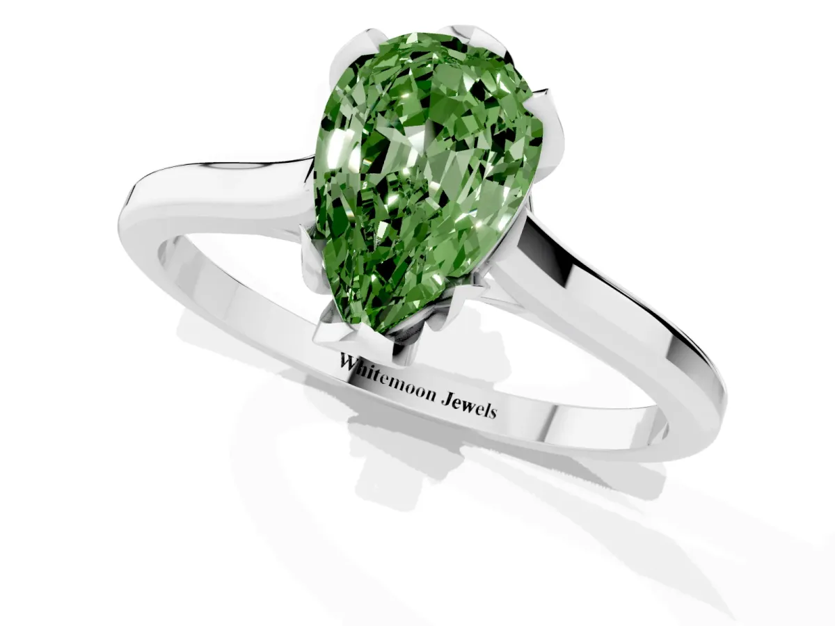 Fancy Green Pear Cut Diamond Solitaire Ring with Flower Prong Setting and Classic Band Silver