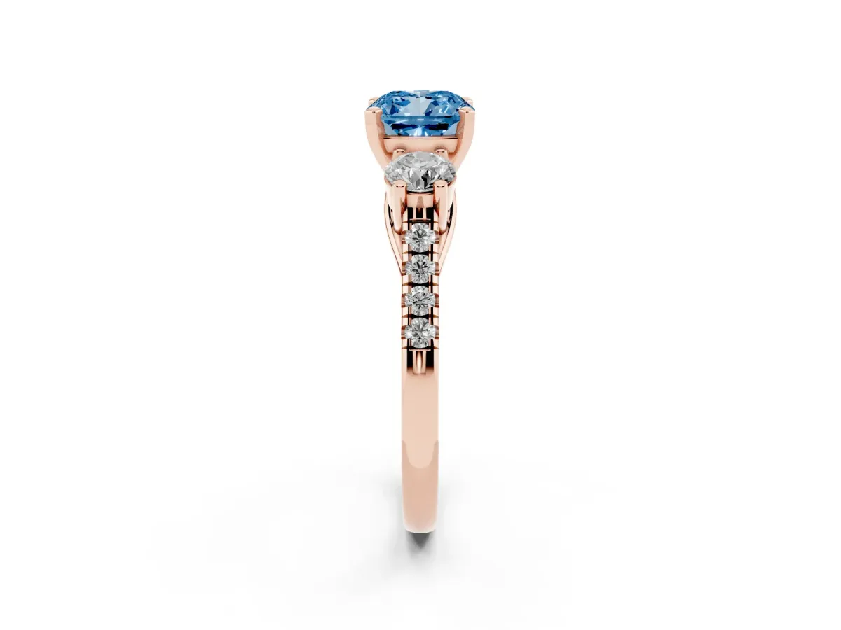 Fancy Blue Three-Stone Cushion Cut Diamond Pavé Band with Four-Prong Setting Rose gold